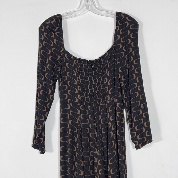 Reformation Sigmund Side Slit Midi Dress Sz 8 Black Linguini Print Square Neck - Picture 6 of 12